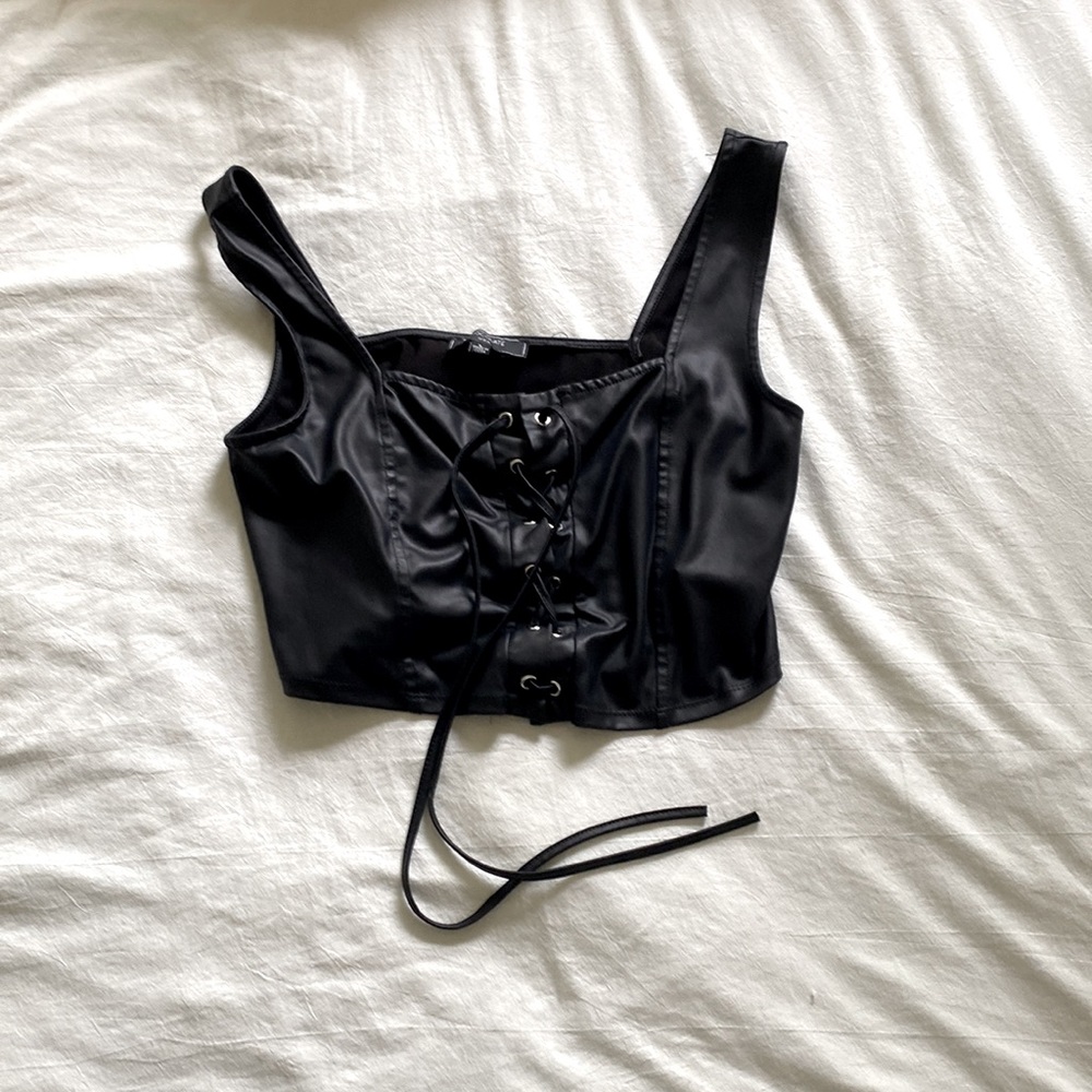 Fake leather cropped tank with ties in front